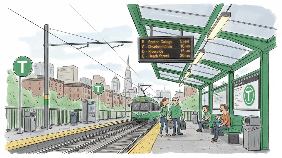 MBTA Green Line station platform with digital arrival board showing train times