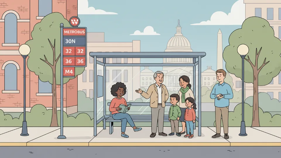 DC Metro bus stop sign showing route numbers with passengers waiting at urban transit shelter