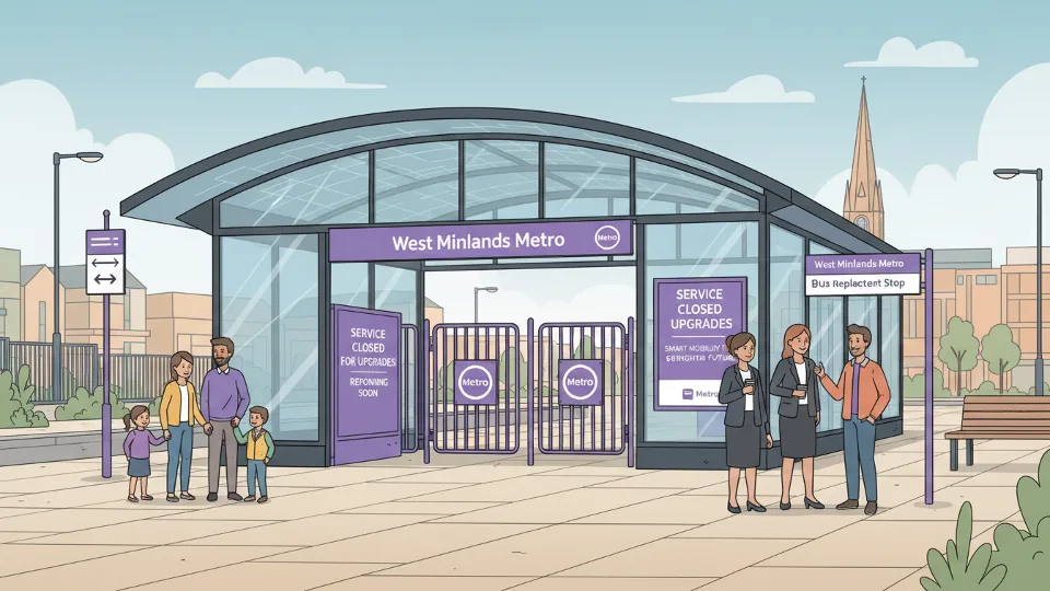 Tram station entrance with closed gates and signage in Wolverhampton. Alt text: Wolverhampton tram station entrance with closure information displayed. Composition: Front view of station entrance showing access points and wayfinding signage.