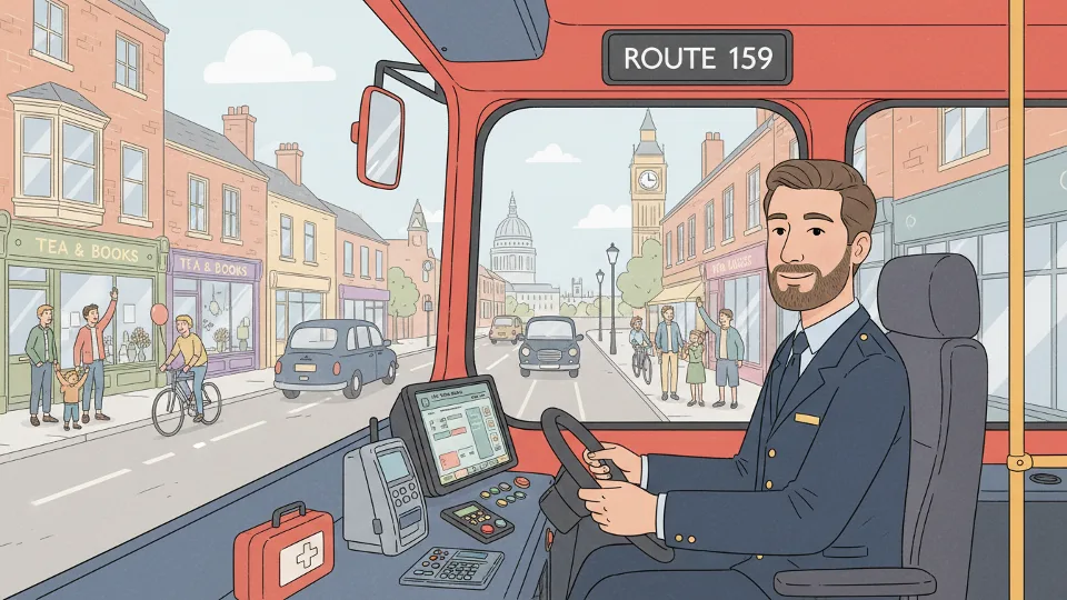 TfL bus driver in cab of red London bus on city street