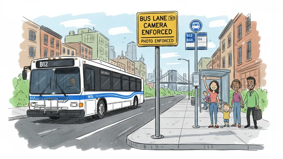Automated camera enforcement signage mounted on pole near Brooklyn bus stop with B12 bus approaching