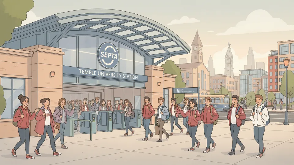 Temple University regional rail station entrance with SEPTA signage and student commuters