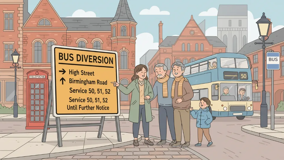 Bus route diversion sign showing alternate path with street names in West Midlands