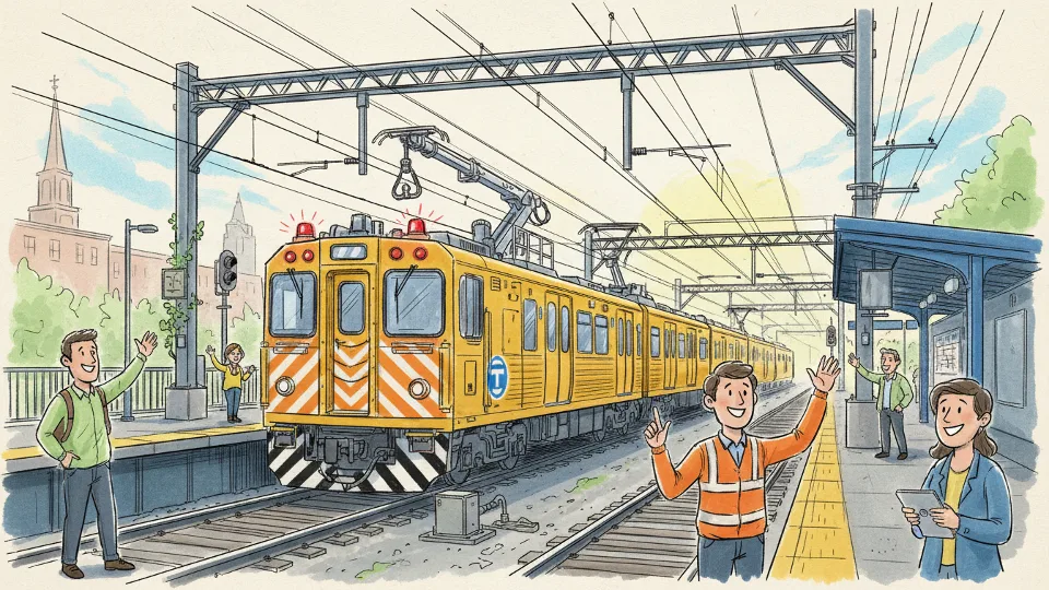 MBTA maintenance train inspecting overhead electrical wires on Blue Line tracks