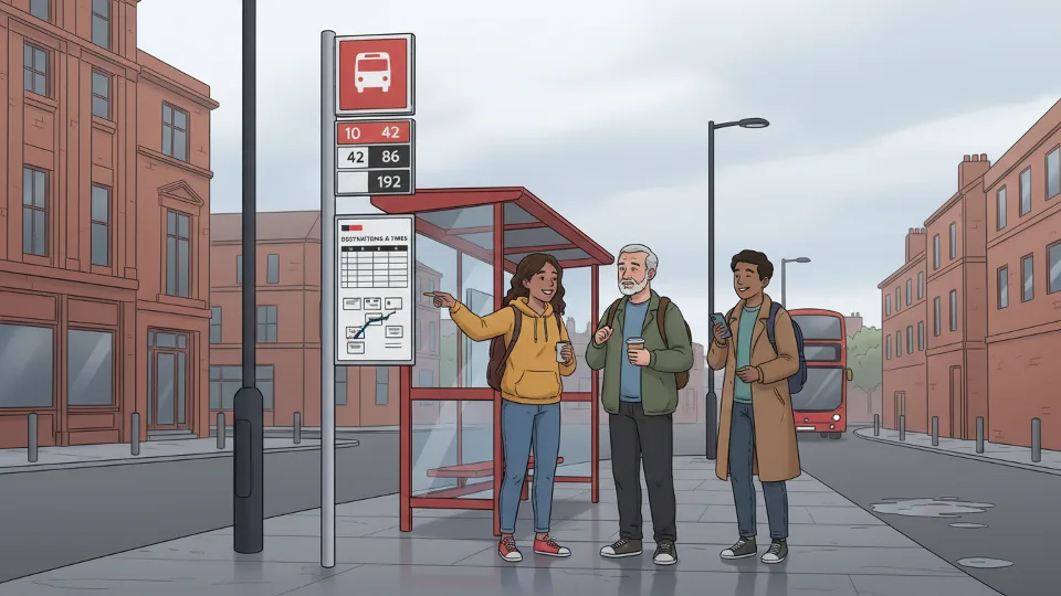Bus stop sign showing multiple route numbers in North West England with passengers waiting