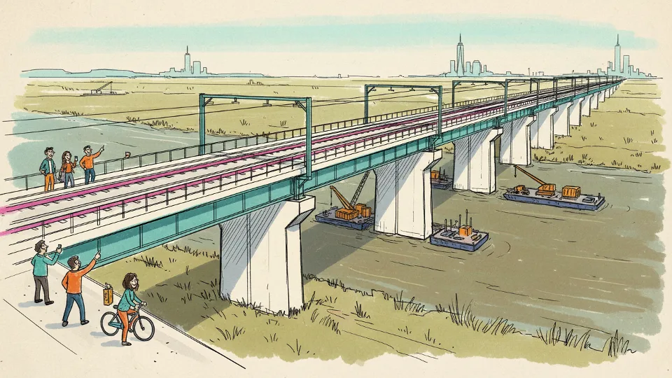 Construction view of Portal North Bridge showing the two-track fixed-span structure and engineering details of the elevated design over the Hackensack River