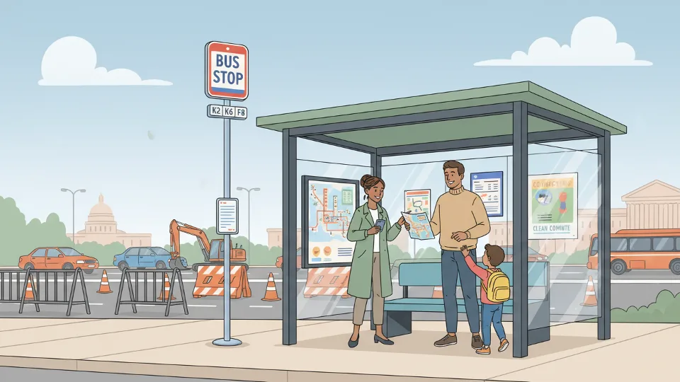 Bus stop sign and shelter on New Hampshire Avenue with construction barriers visible