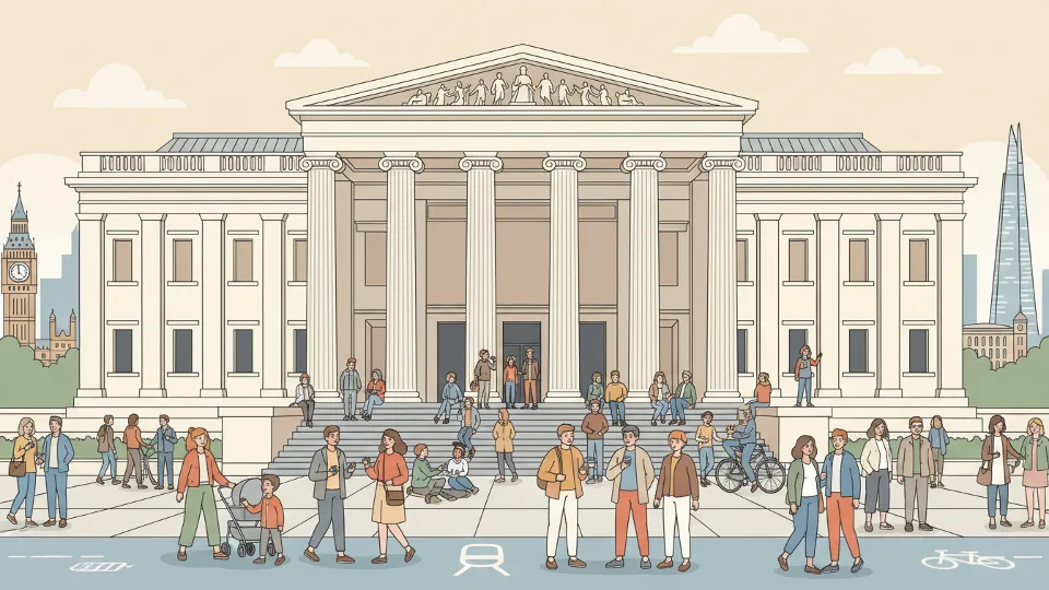 British Museum exterior facade with classical columns and visitors on steps
