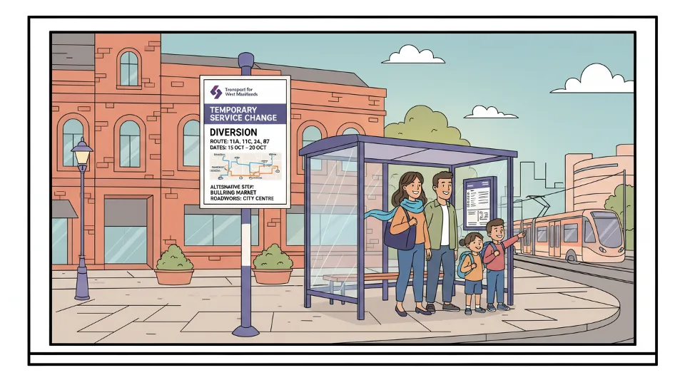 Bus route diversion sign at West Midlands transit stop showing temporary service changes