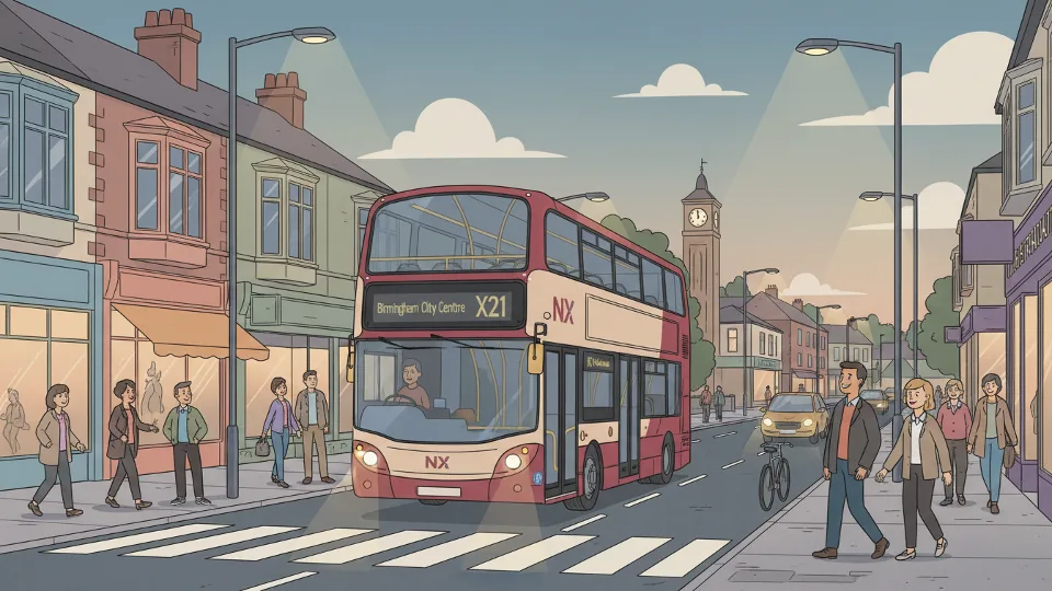 NX Bus West Midlands bus on Bristol Road in Northfield area during evening hours