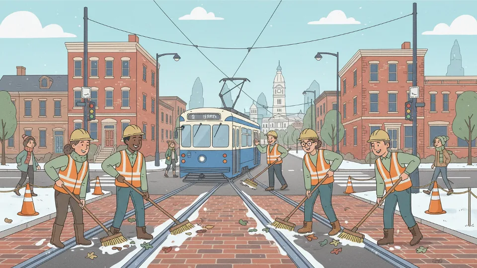 Transit workers clearing tracks at city street intersection