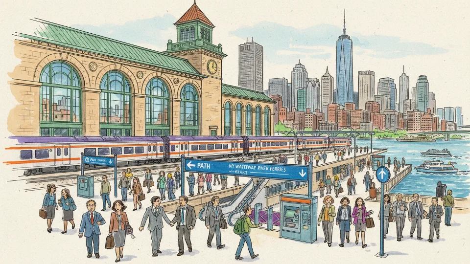 NJ TRANSIT commuters at Hoboken Terminal with PATH and ferry connections visible