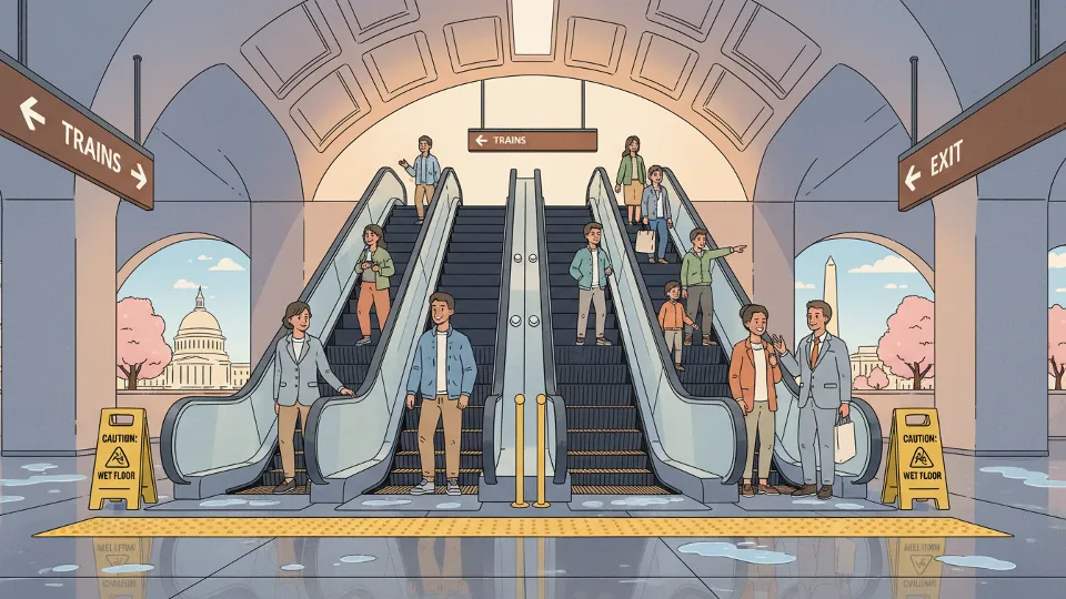 Metro escalator with caution signage and wet floor conditions at transit station