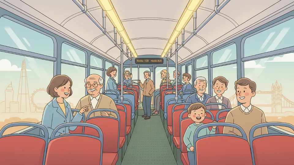 Interior of London bus showing overhead lighting and passenger seating arrangement