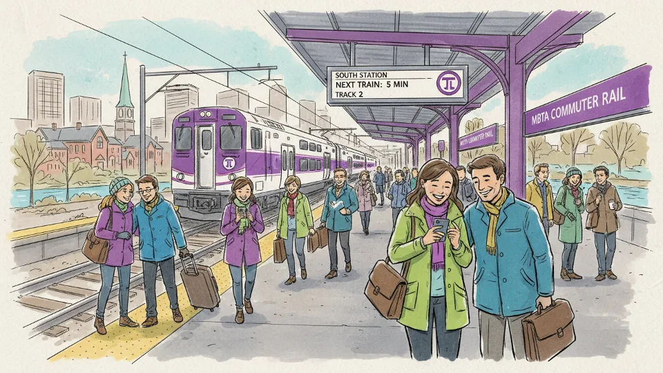 Commuters waiting on MBTA commuter rail platform checking schedules
