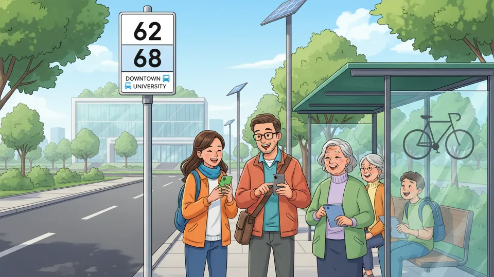 Bus stop sign showing route numbers 62 and 68 with passengers waiting