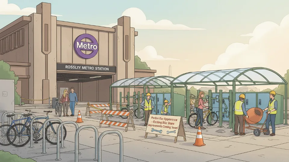 Metro station bike parking area with construction barriers and workers installing new bike storage infrastructure