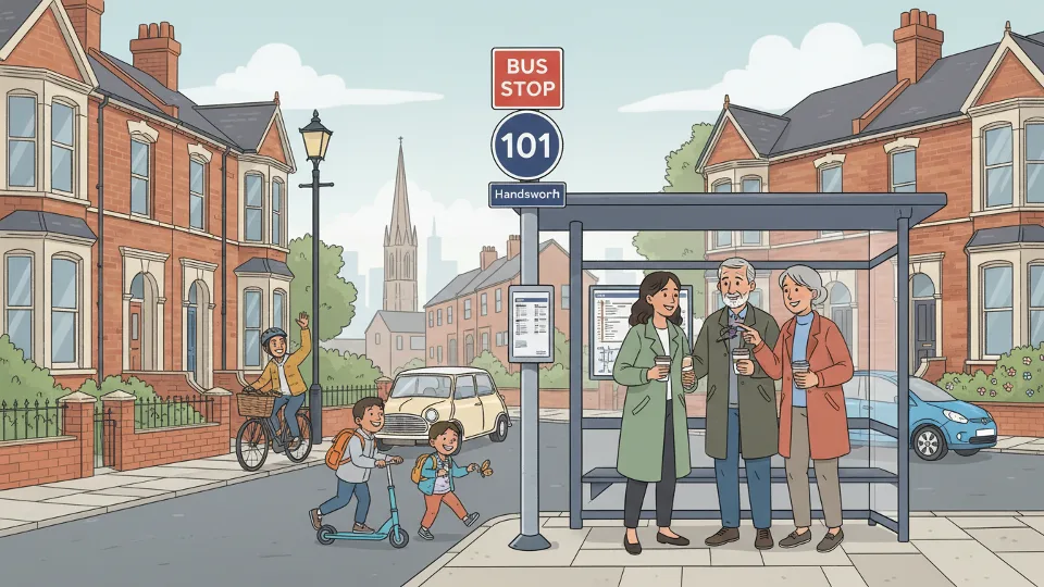 Bus stop sign for route 101 in Handsworth area with residential street in background