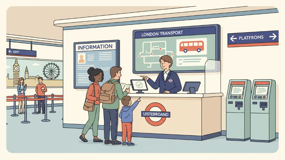 TfL staff member at station customer service desk assisting passengers, showing customer service interaction point