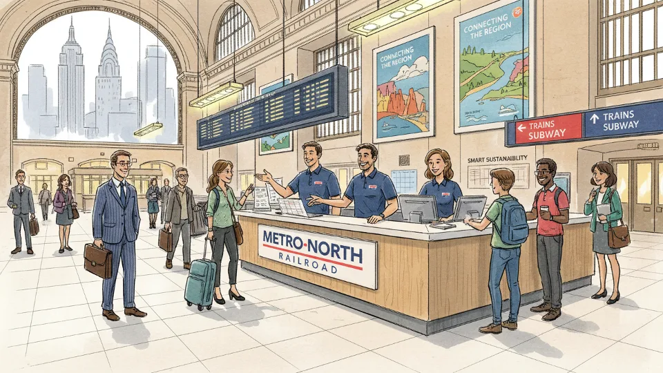Metro-North Railroad customer service representatives speaking with commuters at station information desk