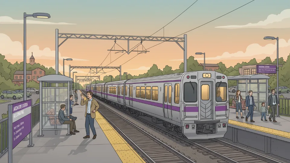 SEPTA regional rail train at suburban Philadelphia station platform during evening commute