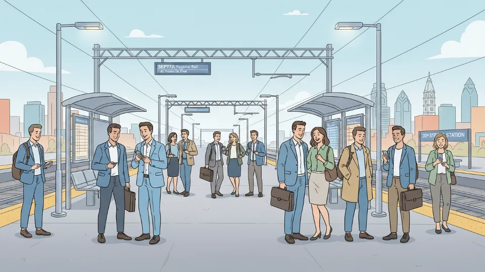 Commuters waiting on regional rail platform checking phones for train delay information