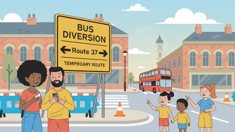 Bus route diversion sign at Birmingham intersection showing temporary detour directions