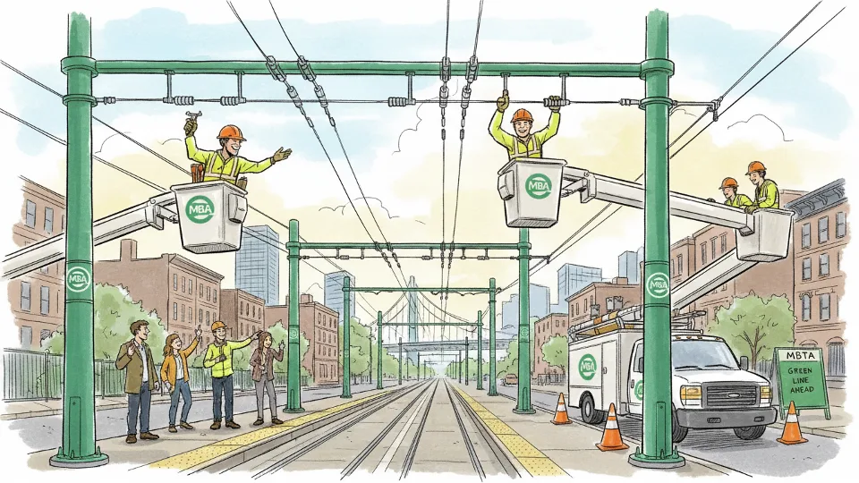 MBTA maintenance crew working on overhead catenary power lines at Green Line station