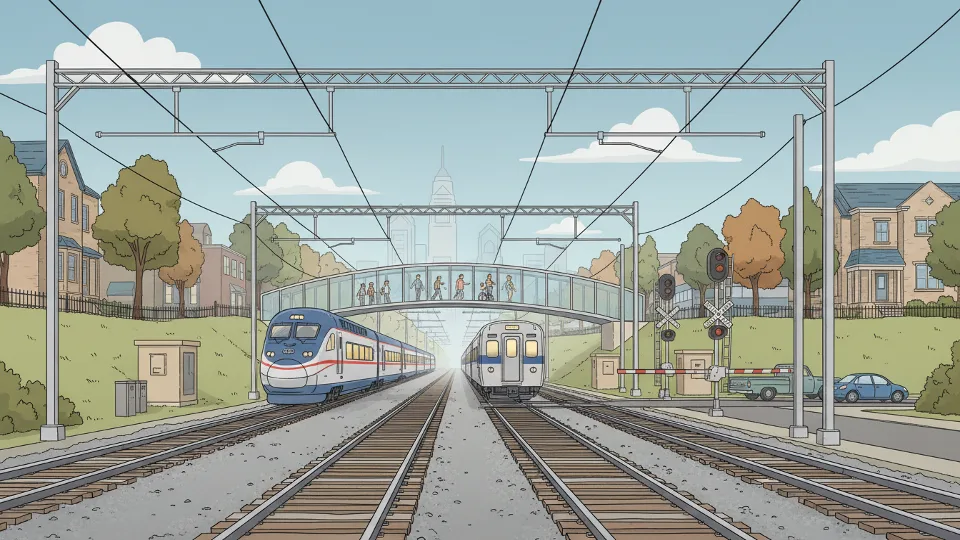 Amtrak and regional rail tracks running parallel through suburban Philadelphia corridor