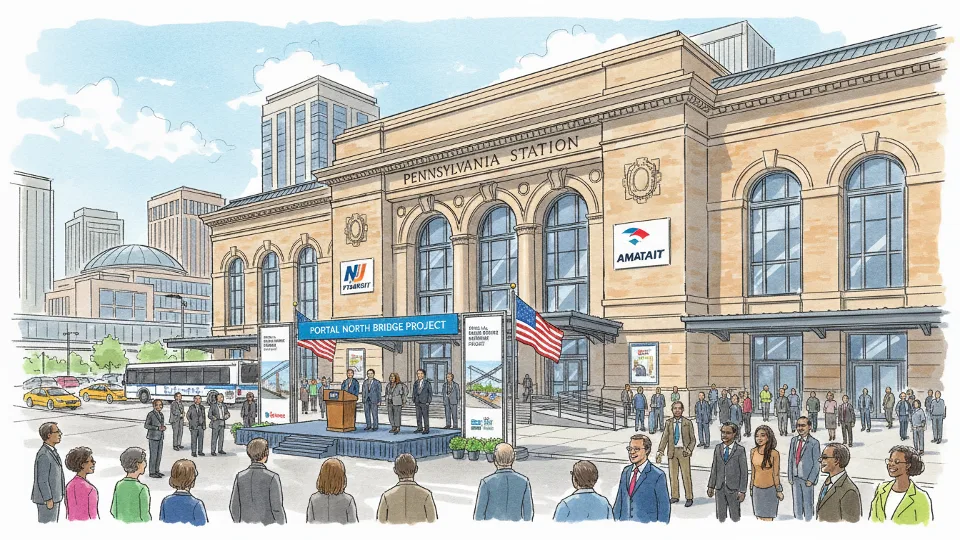 Newark Penn Station exterior with NJ TRANSIT and Amtrak signage where Portal North Bridge ceremony was broadcast