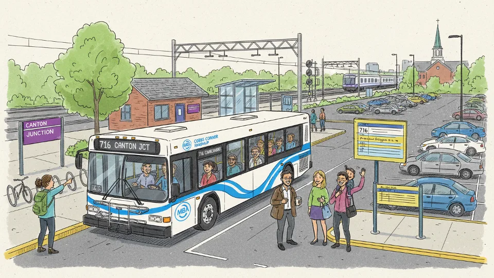MBTA Route 716 bus at Canton Junction Commuter Rail station showing transit connections