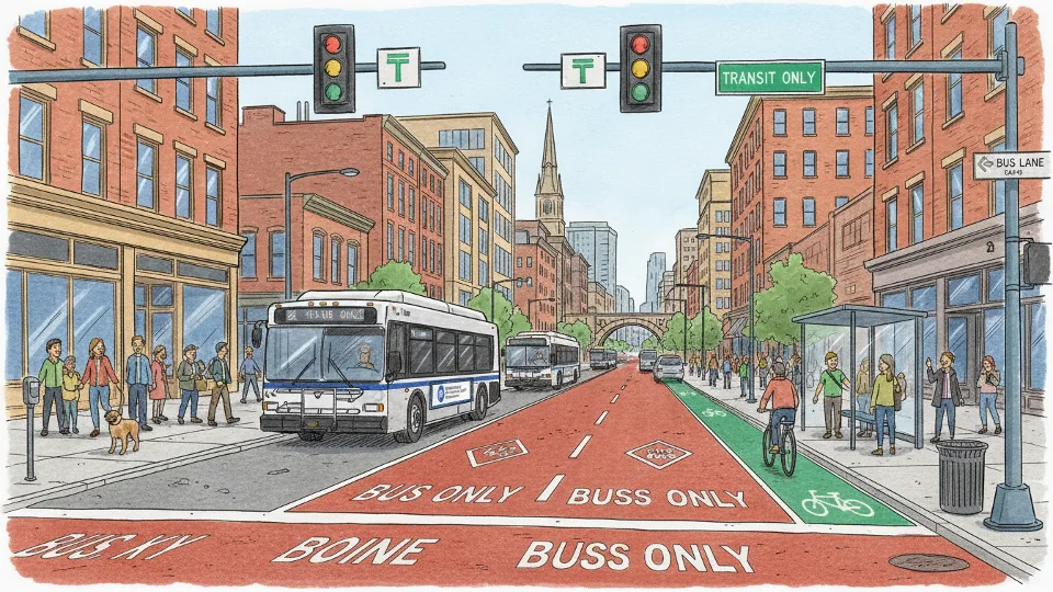 Transit priority corridor with dedicated bus lane and traffic signals