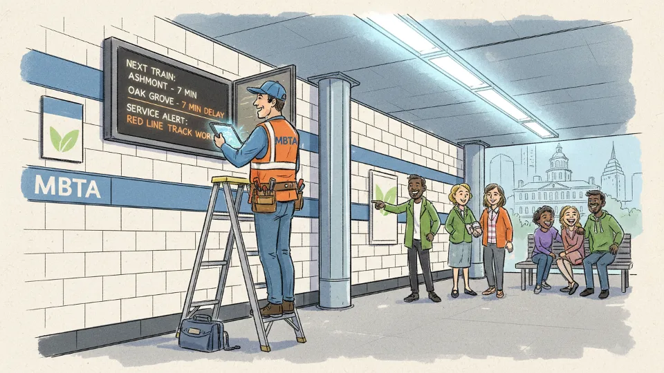 MBTA technician working on digital display system at Boston subway station
