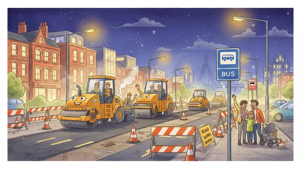 Road resurfacing equipment and construction barriers on urban street at night with bus route signage