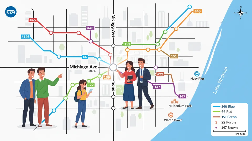 CTA bus route map showing downtown Chicago streets including Michigan Avenue and Chicago Avenue intersection