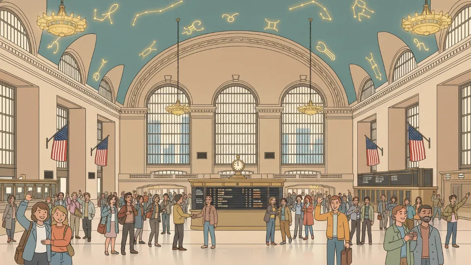 Grand Central Terminal main concourse with Metro-North departure board showing train schedules and track numbers