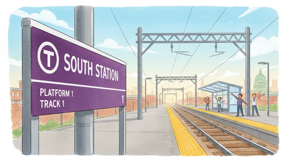 Close-up view of MBTA Commuter Rail station identification signage with platform and track visible in background