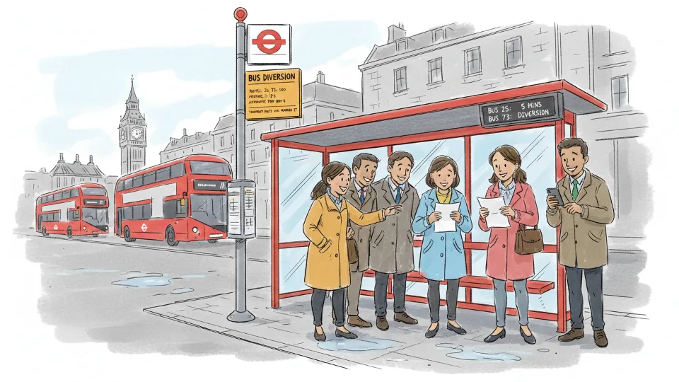 Bus route diversion sign at London transit stop with passengers checking schedules