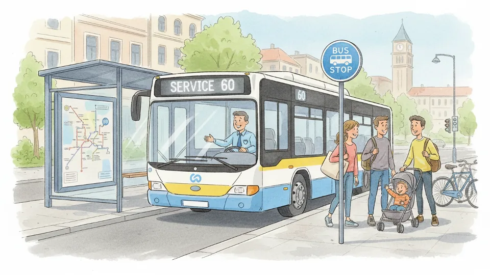 Bus passengers boarding Service 60 at regular stop with normal route map displayed. Alt text: Service 60 passengers board bus at regular stop after normal route restored. Composition: Passengers entering bus with route information visible, showing return to standard operations.