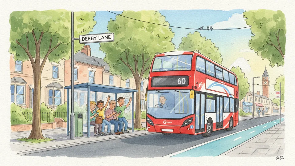 Service 60 bus on Derby Lane in North West region with passengers waiting at stop. Alt text: Service 60 bus returns to normal route on Derby Lane after road reopening. Composition: Bus approaching stop with Derby Lane street sign visible, showing regular service restored.