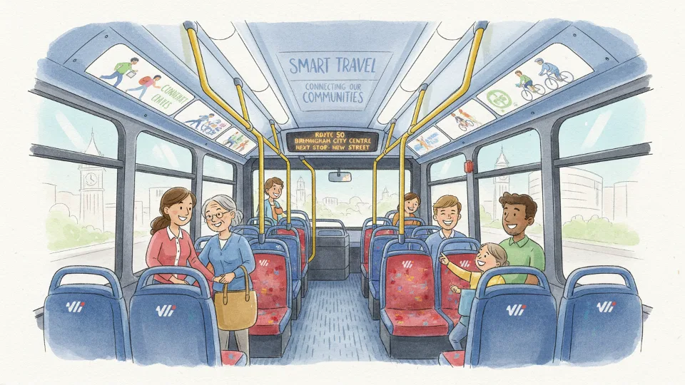 Interior view of West Midlands bus showing route information display and seating area