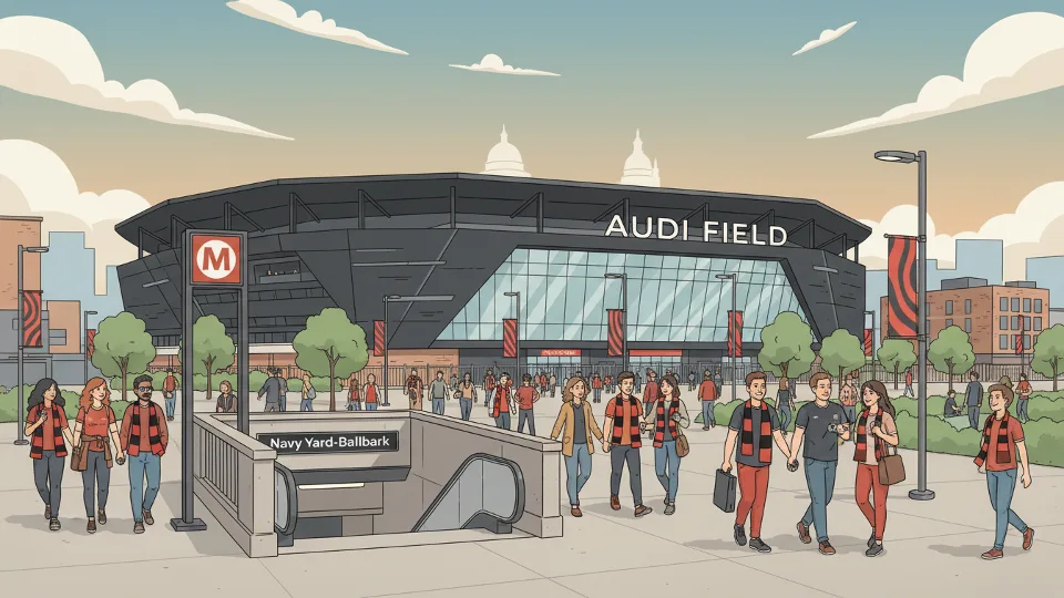 Audi Field exterior with Metro station entrance and fans walking toward stadium