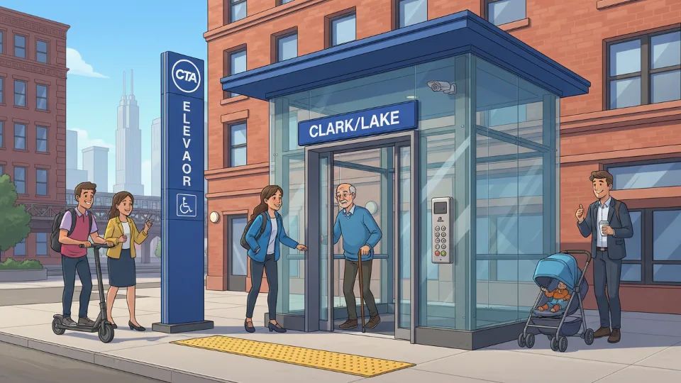 Elevator access point at CTA subway station showing signage and entrance