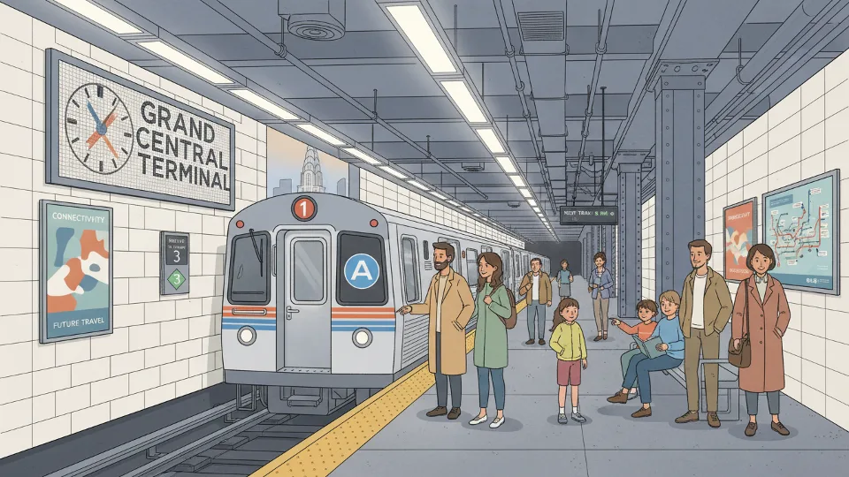 MTA subway train at platform in New York City station with passengers waiting