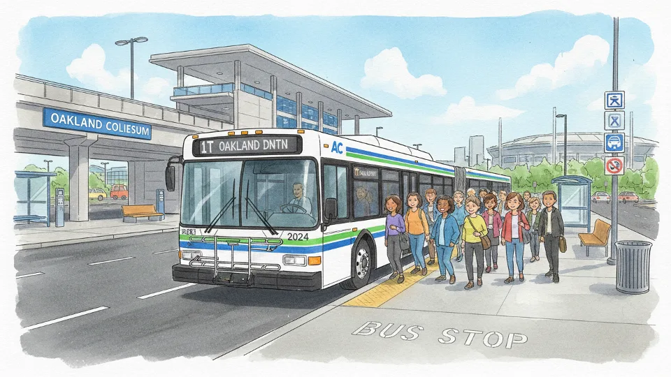 AC Transit bus at Oakland Coliseum station with passengers boarding