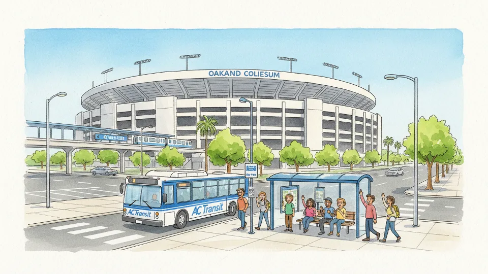 Oakland Coliseum exterior with AC Transit bus stop in foreground