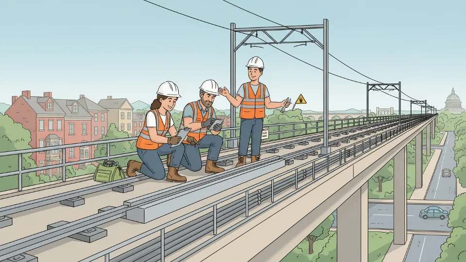 Metro track inspection with transit workers examining rail infrastructure and safety equipment along elevated guideway