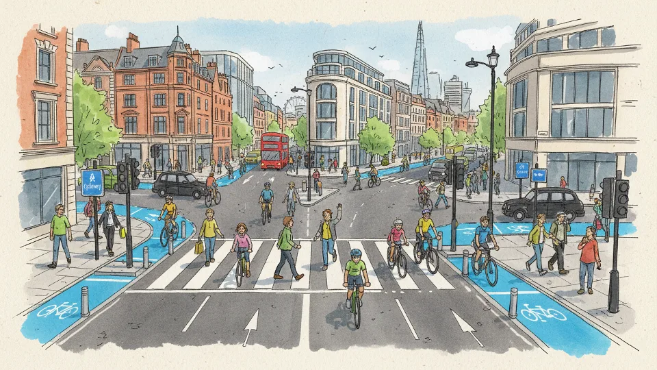Wide-angle view of London street intersection with pedestrian crossing, cyclists, and traffic, showing urban safety infrastructure including bike lanes and crosswalks, afternoon lighting, elevated perspective