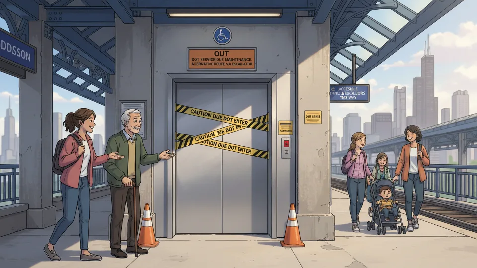 CTA elevator entrance at rail station with out-of-service signage