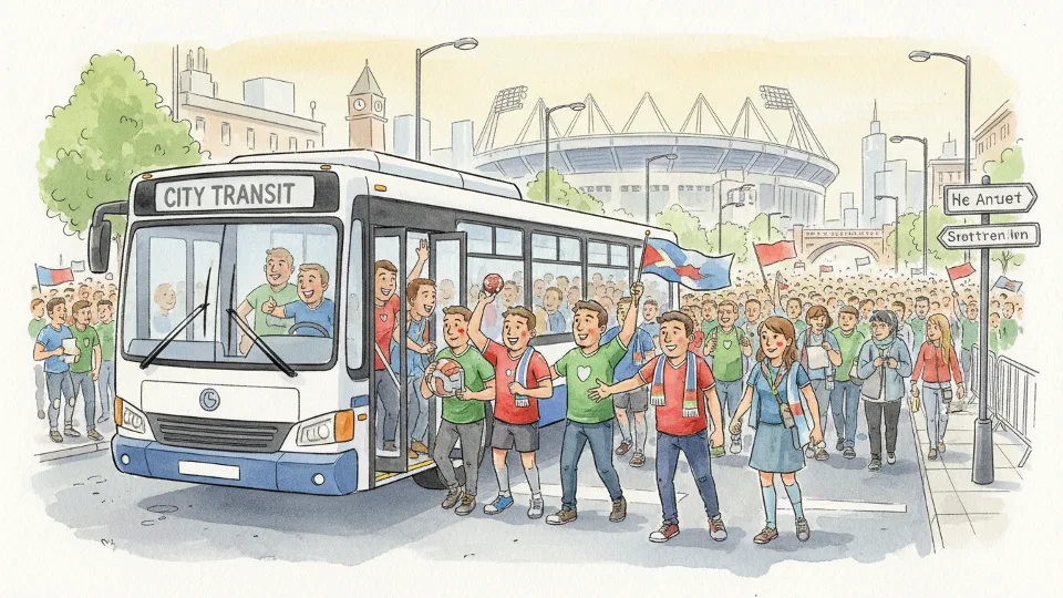 Football supporters boarding transit bus near stadium on match day with crowd in background